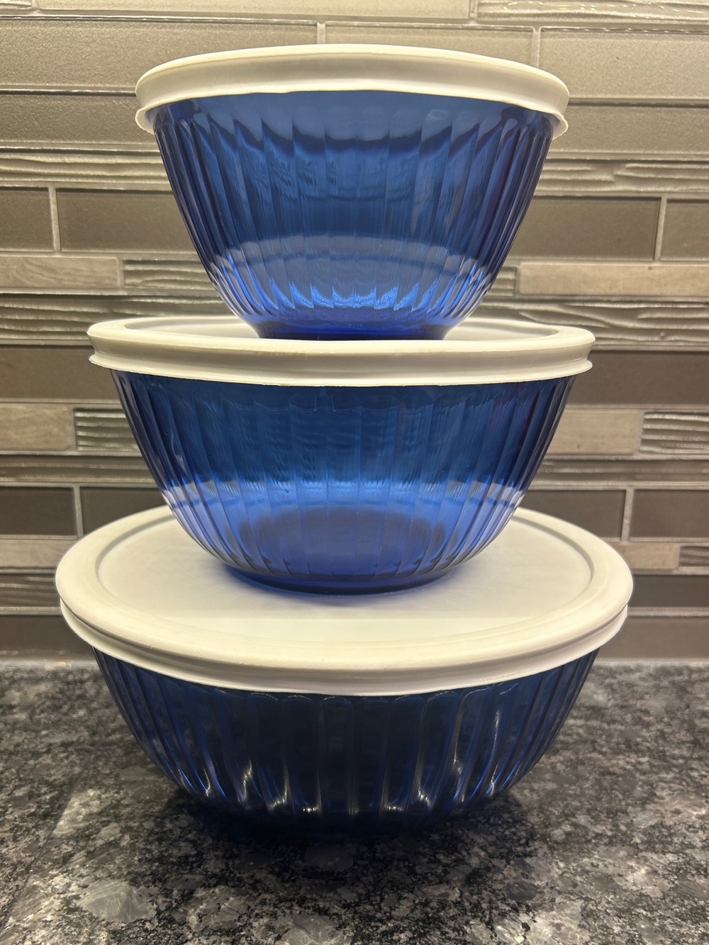 Pyrex Sculptured Cobalt Blue Nesting Bowl Set With Striking Ribbed Glass W/ Lids